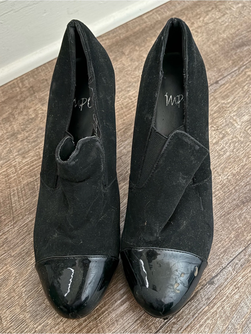 Impo Black Suede Booties with Glossy Patent Cap Toes